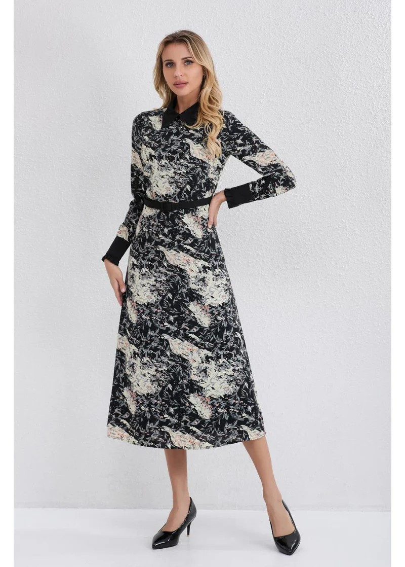 Twilight Petals Black and White Floral Midi Dress