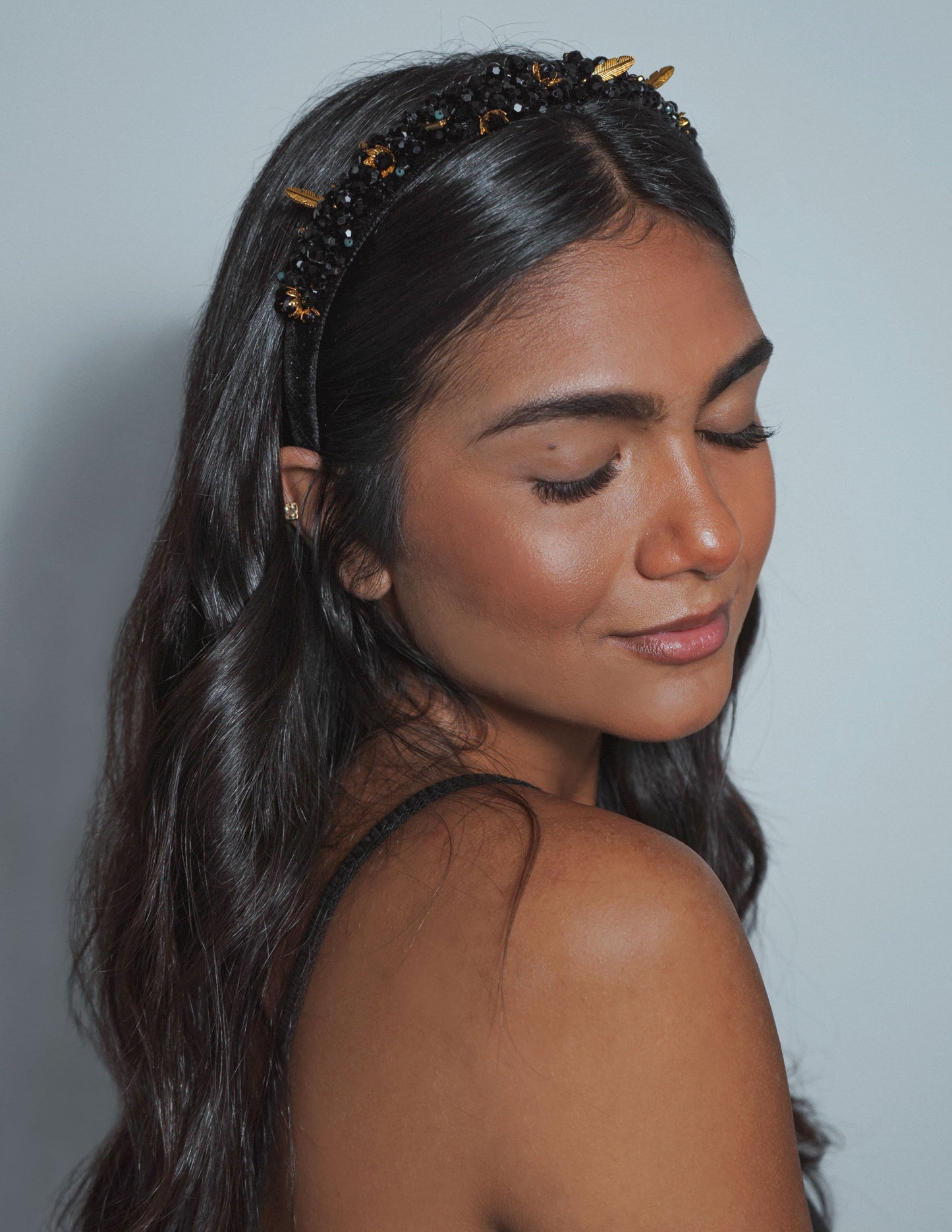 Black Beaded Headband with Gold Embellishments Blossom Headband ADIBA