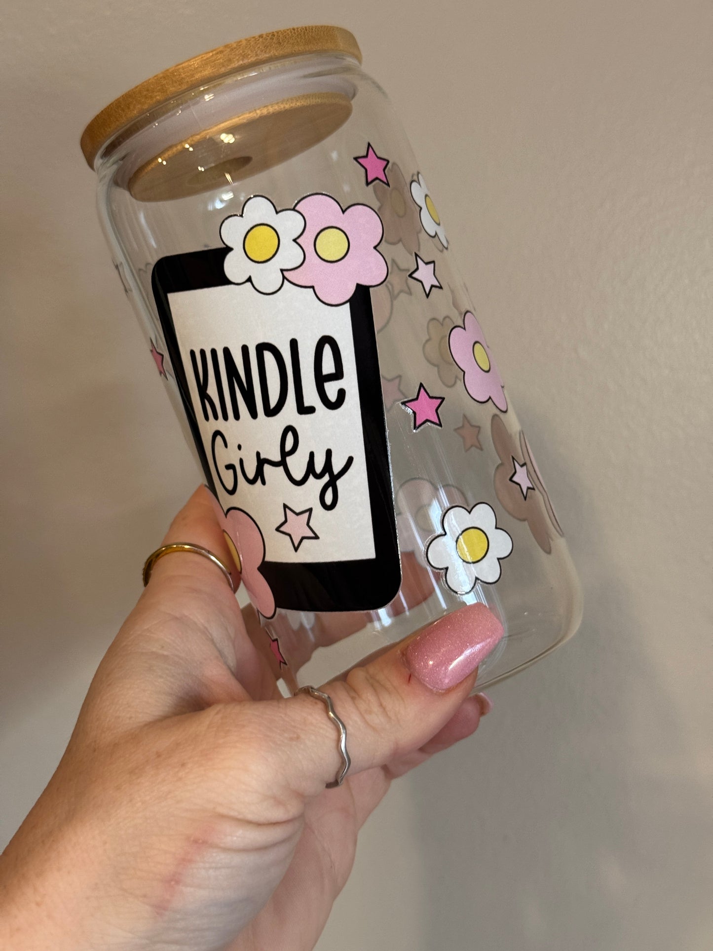 Kindle Girly Glass Cup Soft Pink Daisies Bamboo Lid