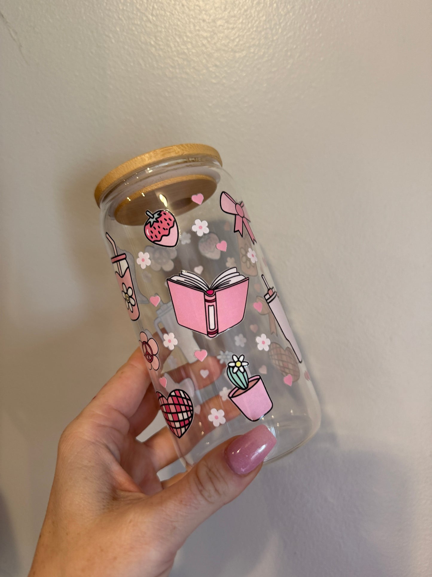 All Things Girly Bamboo Lid Glass Cup 450ml Tumbler
