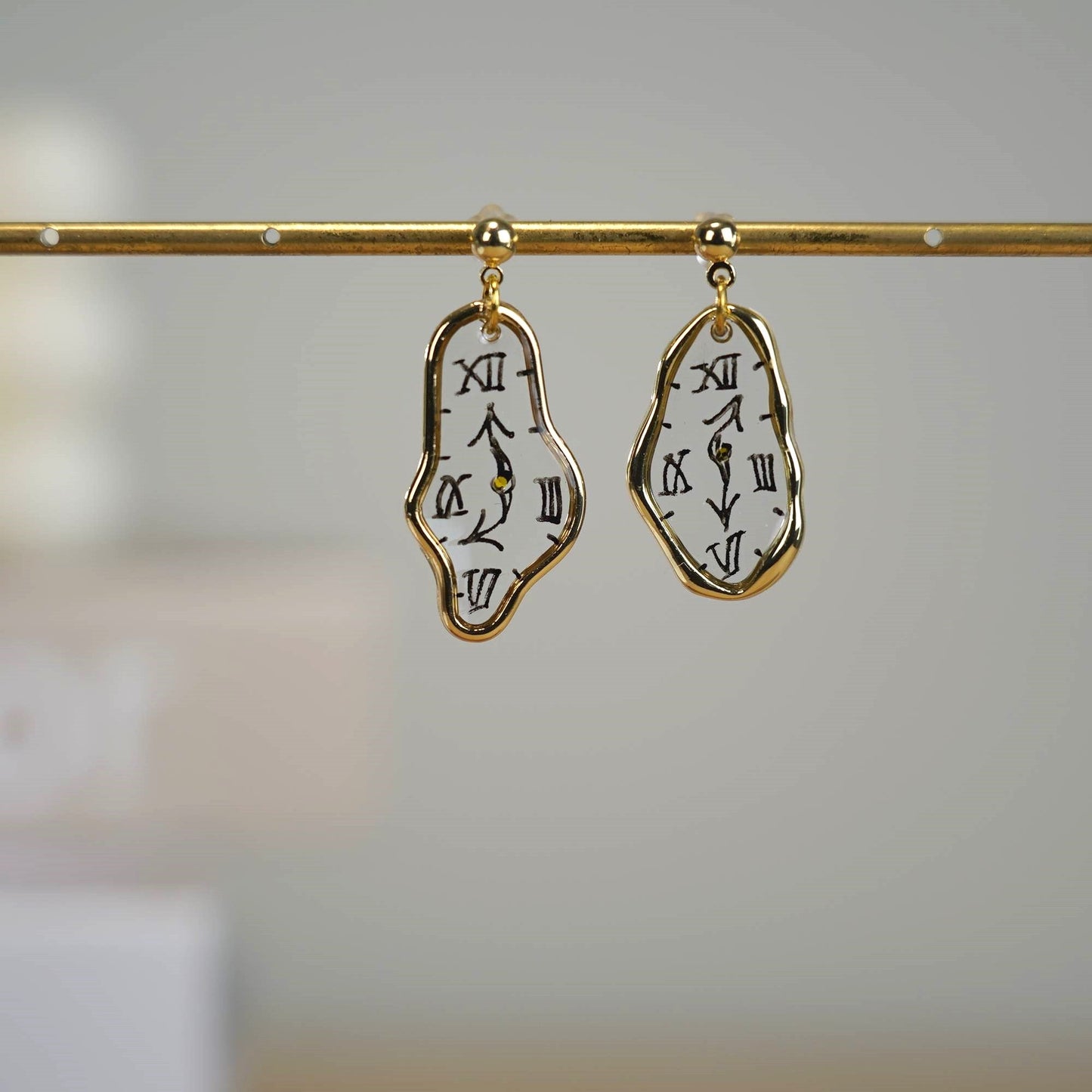 Melting Dali Clock Earrings Hand-Painted Gold and Silver Resin Modern Art