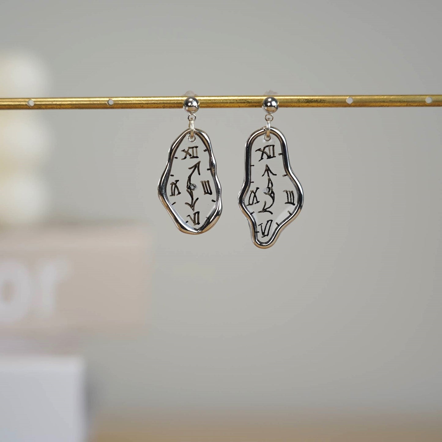 Melting Dali Clock Earrings Hand-Painted Gold and Silver Resin Modern Art