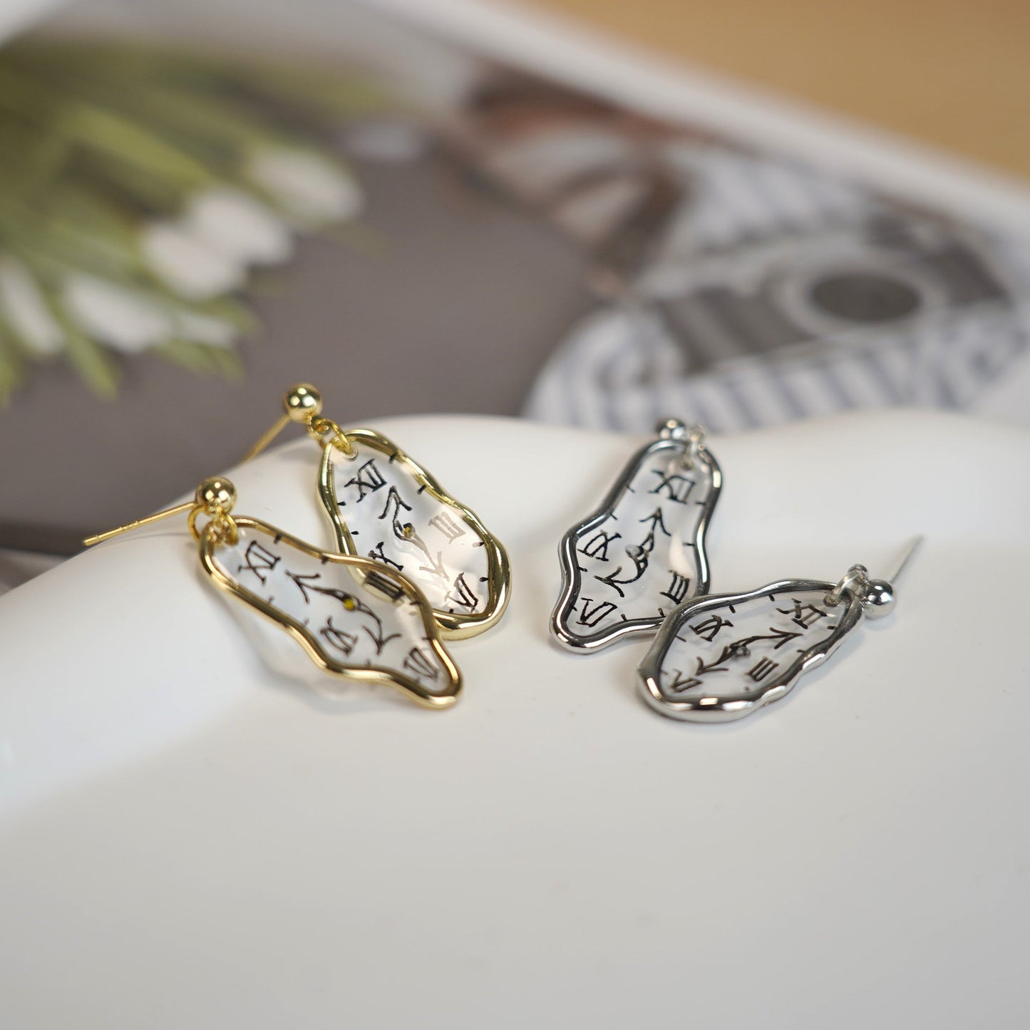 Melting Dali Clock Earrings Hand-Painted Gold and Silver Resin Modern Art