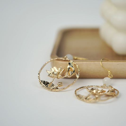 Golden Lily Pad and Lotus Flower Dangle Earrings 14K Gold Plated