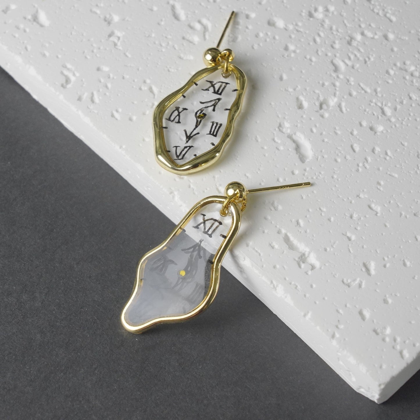 Melting Dali Clock Earrings Hand-Painted Gold and Silver Resin Modern Art