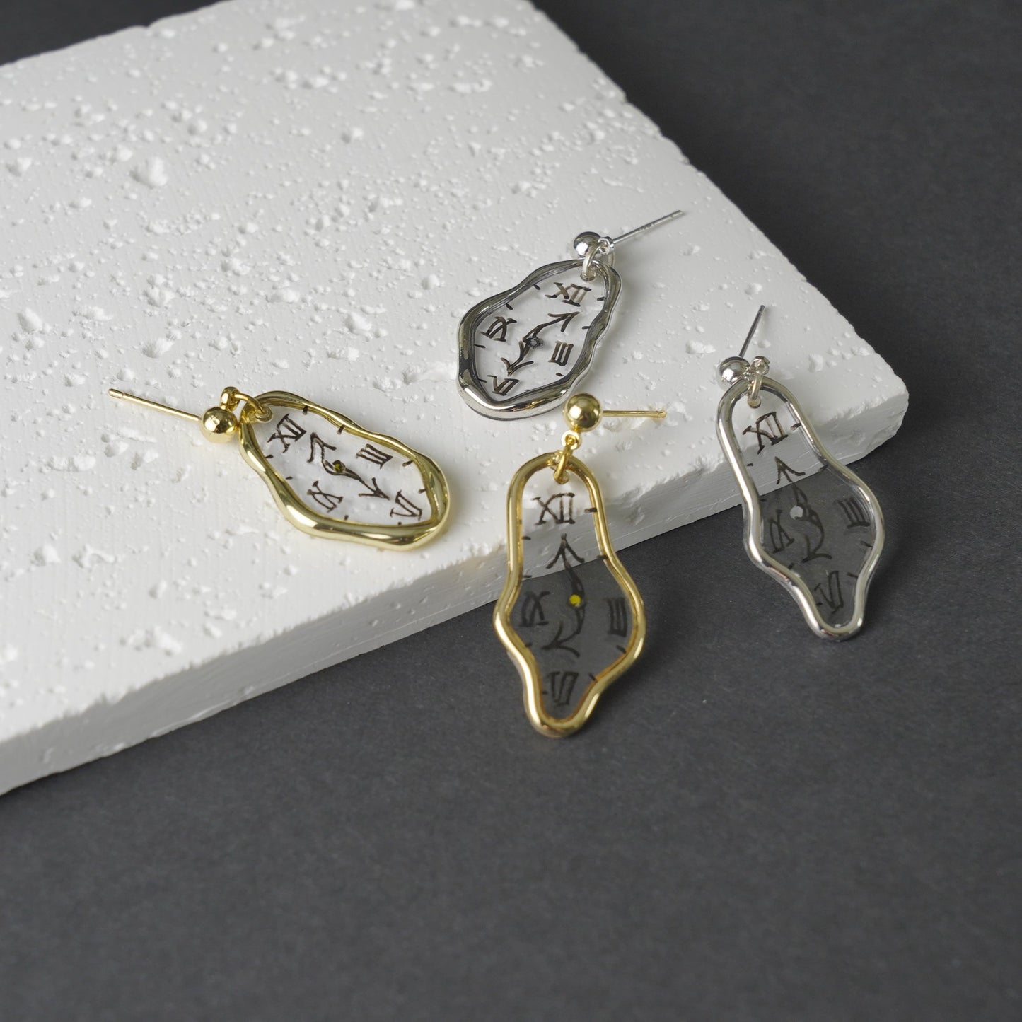 Melting Dali Clock Earrings Hand-Painted Gold and Silver Resin Modern Art
