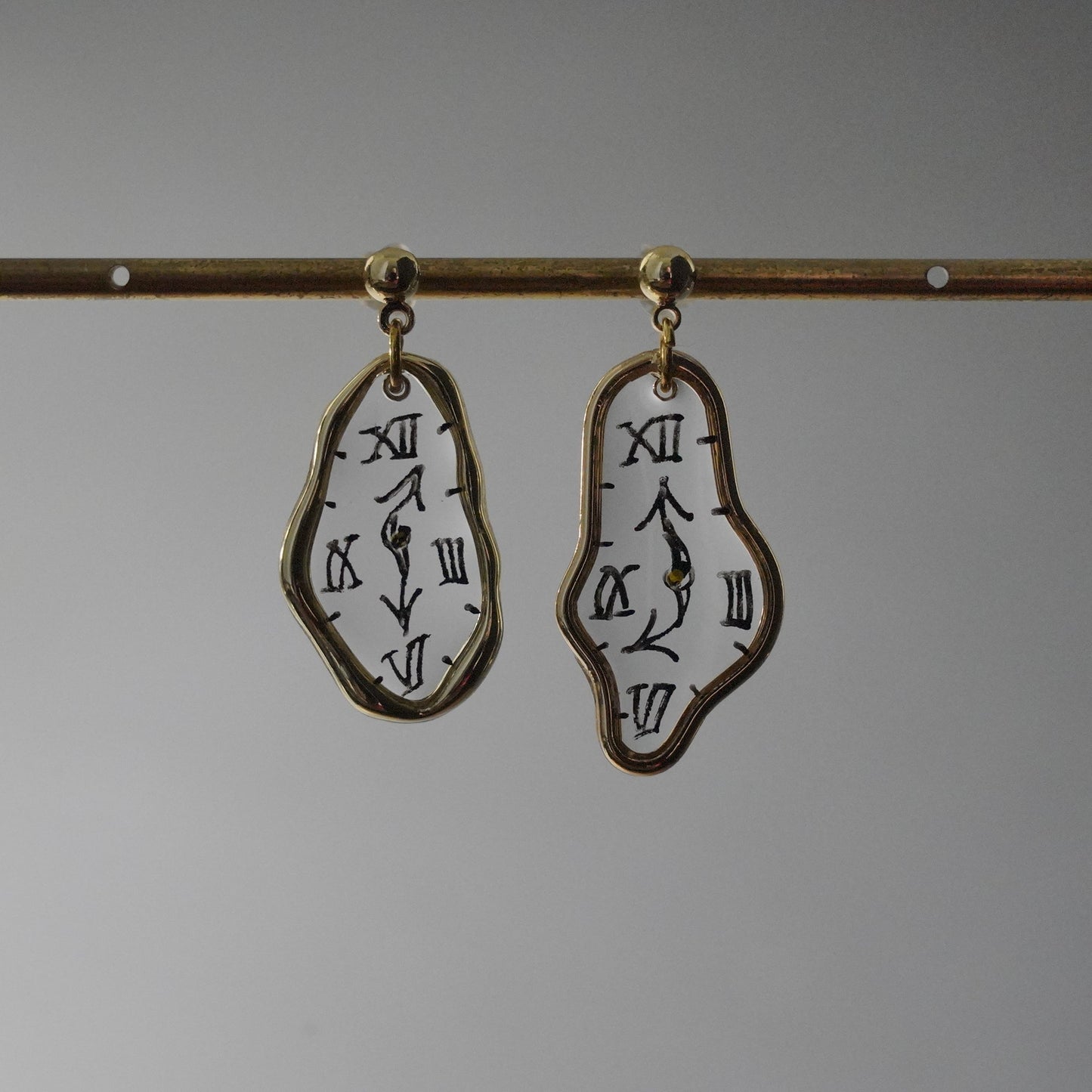 Melting Dali Clock Earrings Hand-Painted Gold and Silver Resin Modern Art