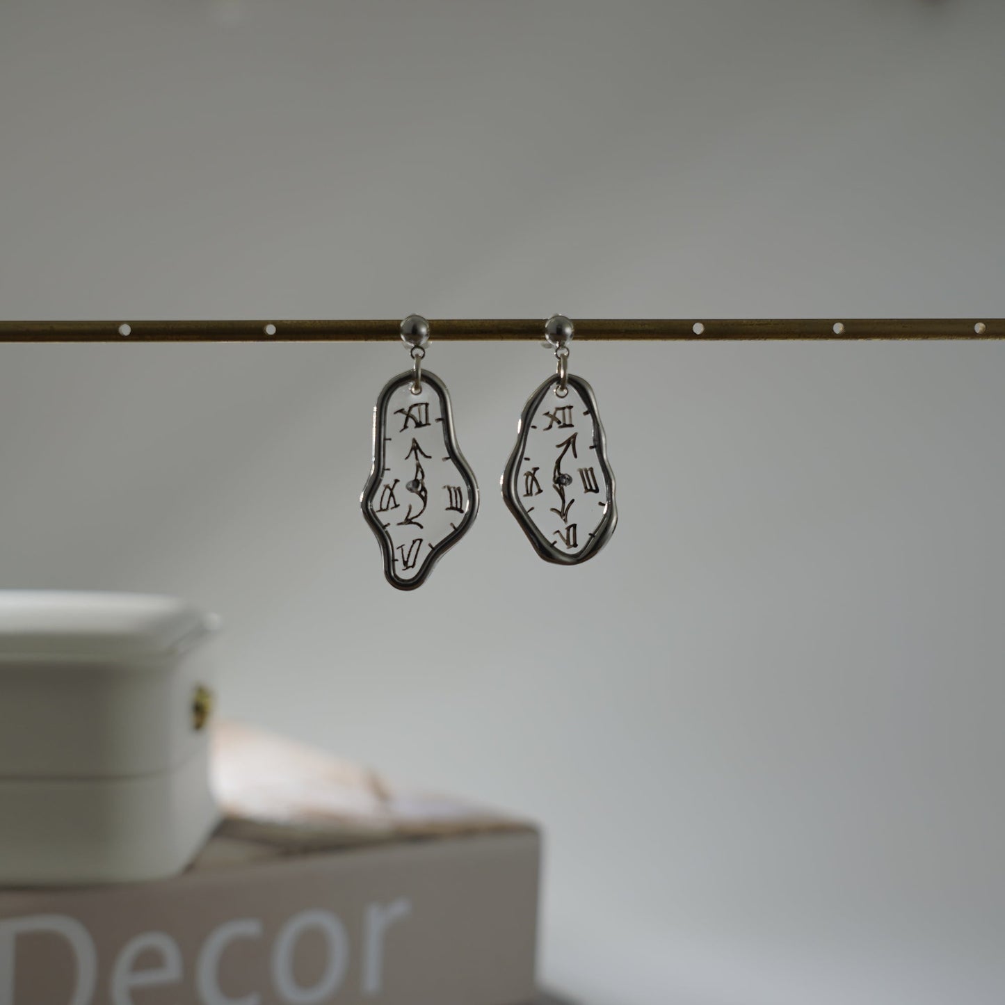 Melting Dali Clock Earrings Hand-Painted Gold and Silver Resin Modern Art