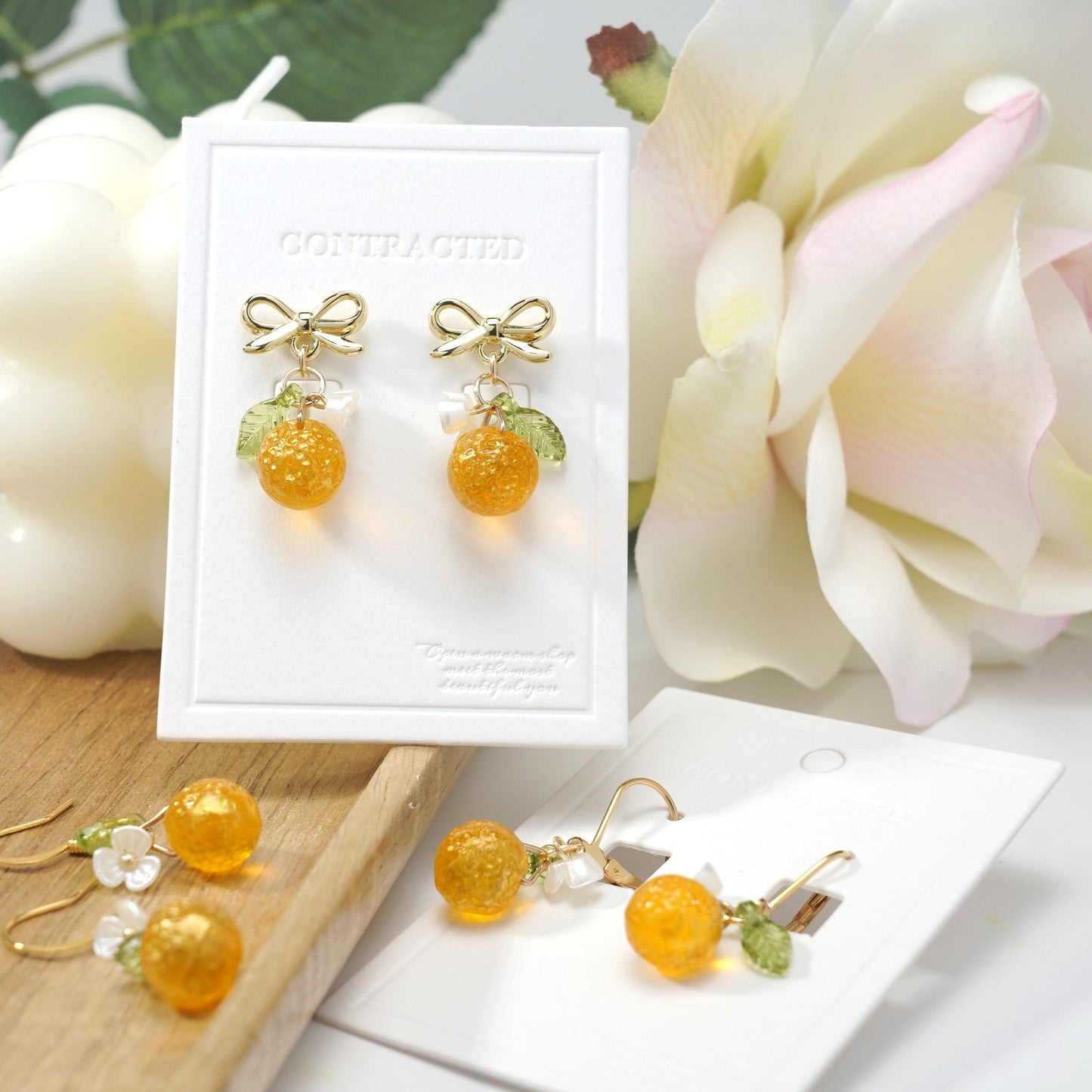Gold Orange Handmade Czech Glass Fruit Dangle Earrings