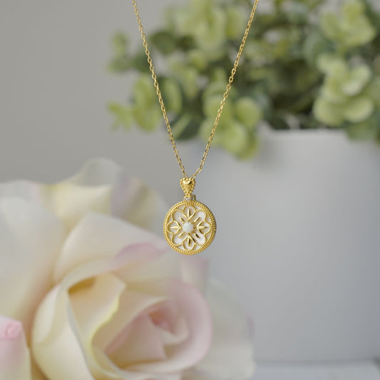 Mother of Pearl Pendant Necklace Handmade with 14K Gold Plated Sterling Silver Opera