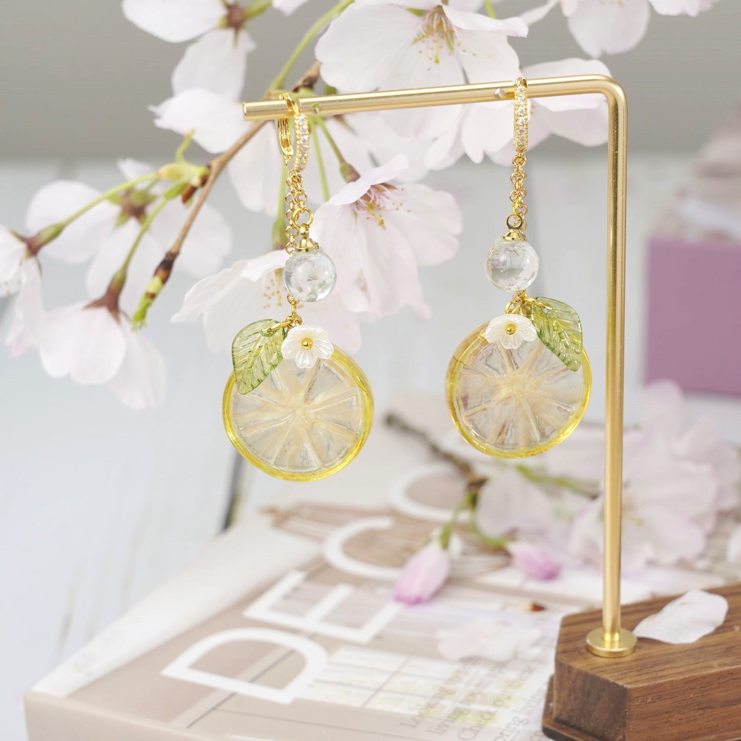 Lemon Kumquat Slice Citrus Resin Dangle Earrings Handmade 925 Silver