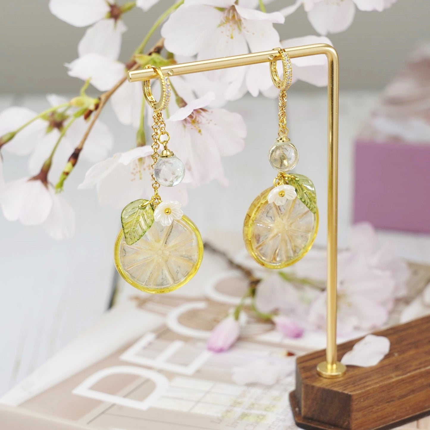 Lemon Kumquat Slice Citrus Resin Dangle Earrings Handmade 925 Silver