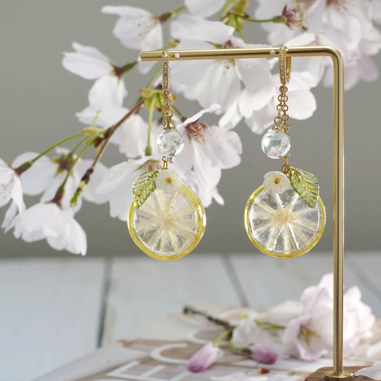 Lemon Kumquat Slice Citrus Resin Dangle Earrings Handmade 925 Silver