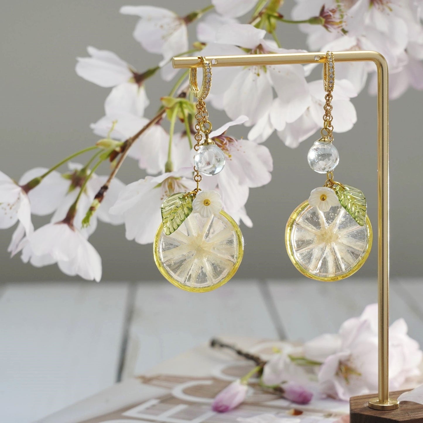 Lemon Kumquat Slice Citrus Resin Dangle Earrings Handmade 925 Silver