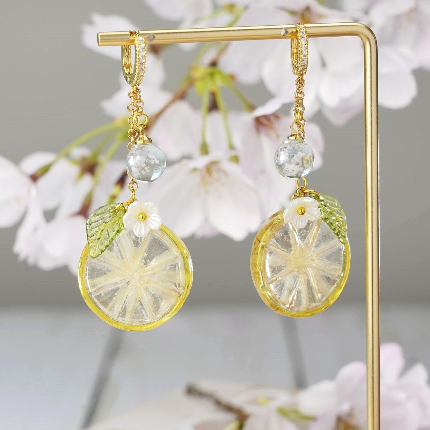 Lemon Kumquat Slice Citrus Resin Dangle Earrings Handmade 925 Silver