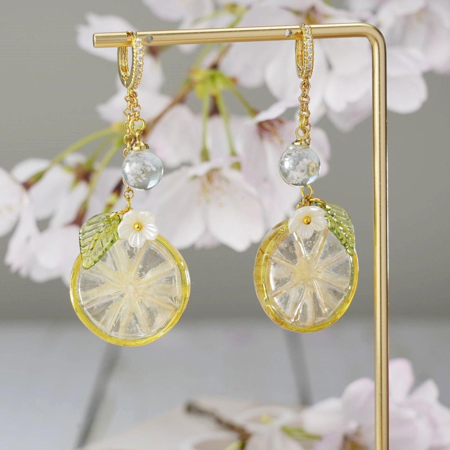 Lemon Kumquat Slice Citrus Resin Dangle Earrings Handmade 925 Silver
