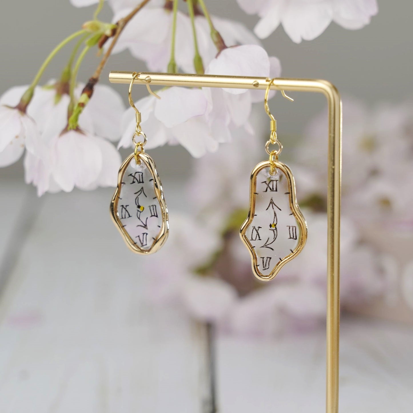 Melting Dali Clock Earrings Hand-Painted Gold and Silver Resin Modern Art