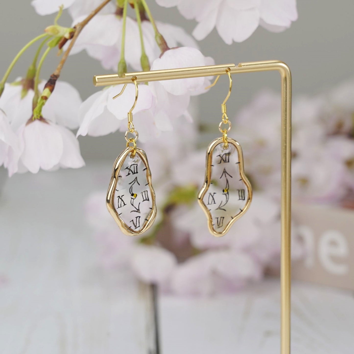 Melting Dali Clock Earrings Hand-Painted Gold and Silver Resin Modern Art