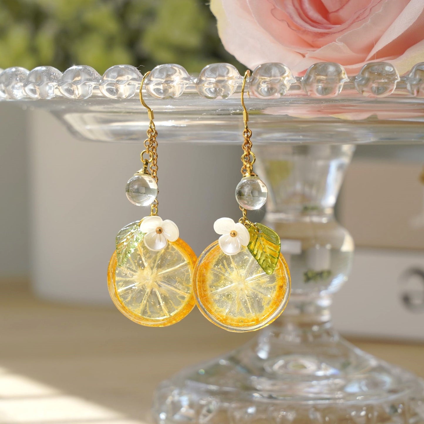 Lemon Kumquat Slice Citrus Resin Dangle Earrings Handmade 925 Silver