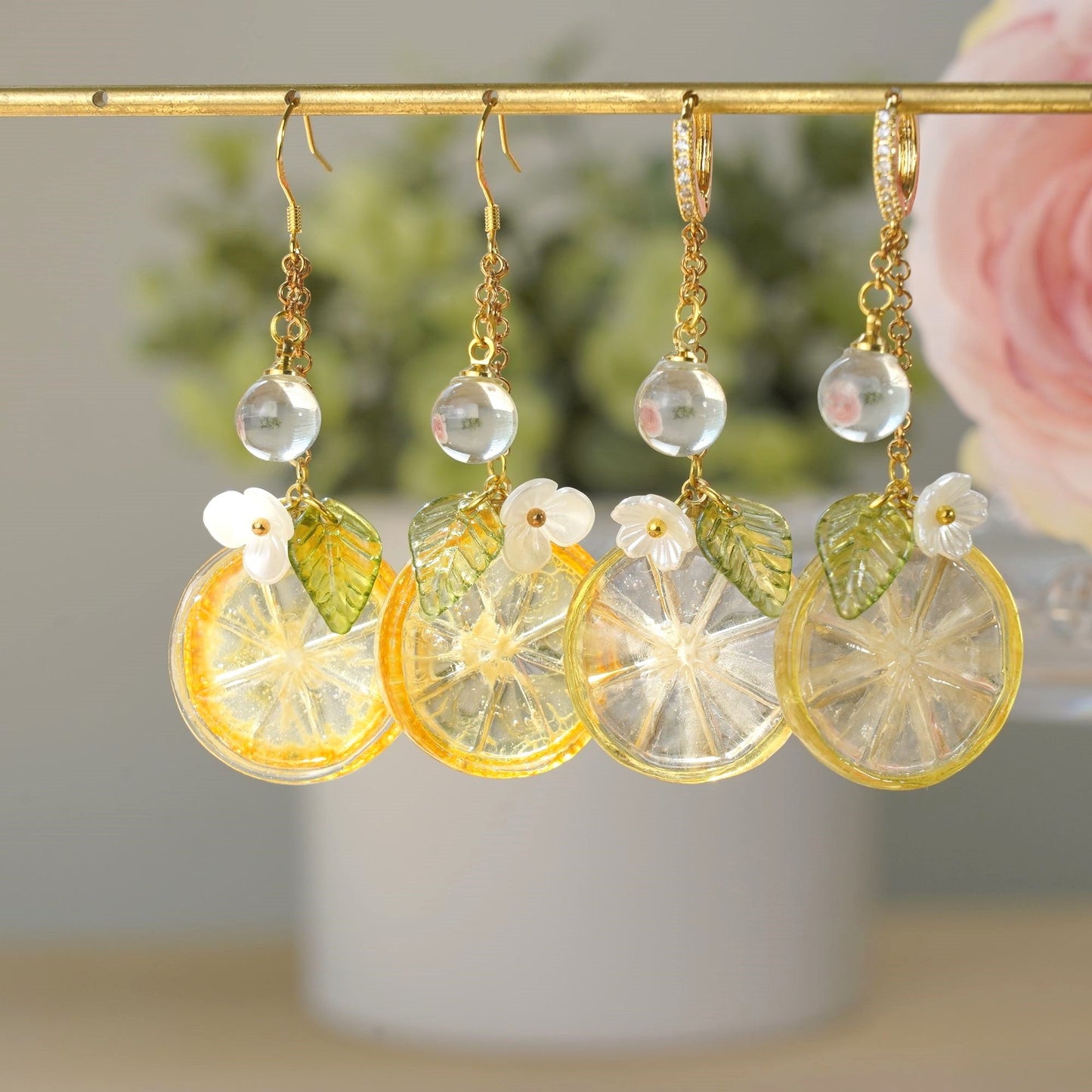 Lemon Kumquat Slice Citrus Resin Dangle Earrings Handmade 925 Silver