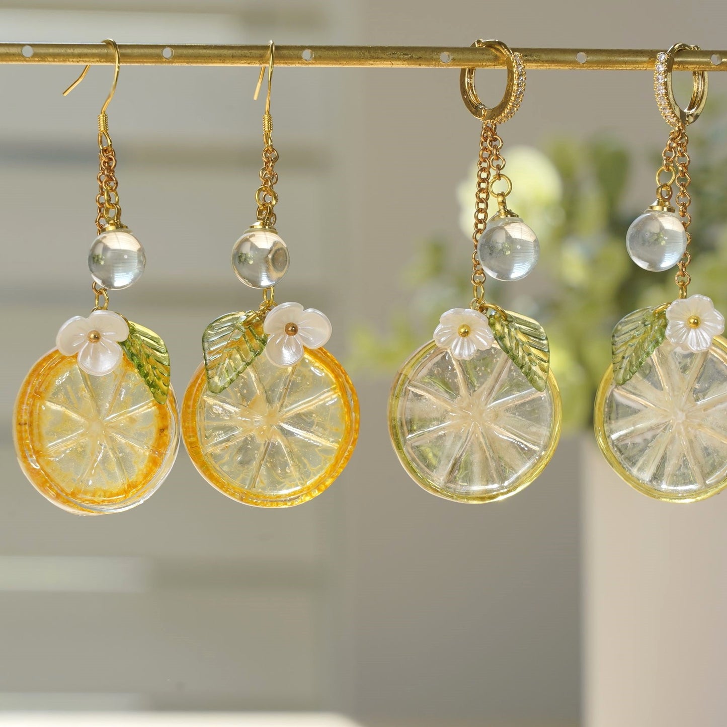 Lemon Kumquat Slice Citrus Resin Dangle Earrings Handmade 925 Silver