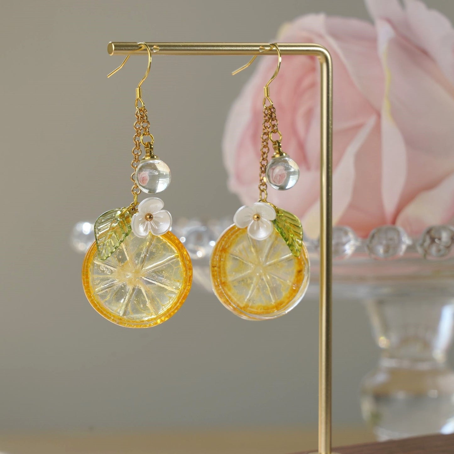 Lemon Kumquat Slice Citrus Resin Dangle Earrings Handmade 925 Silver