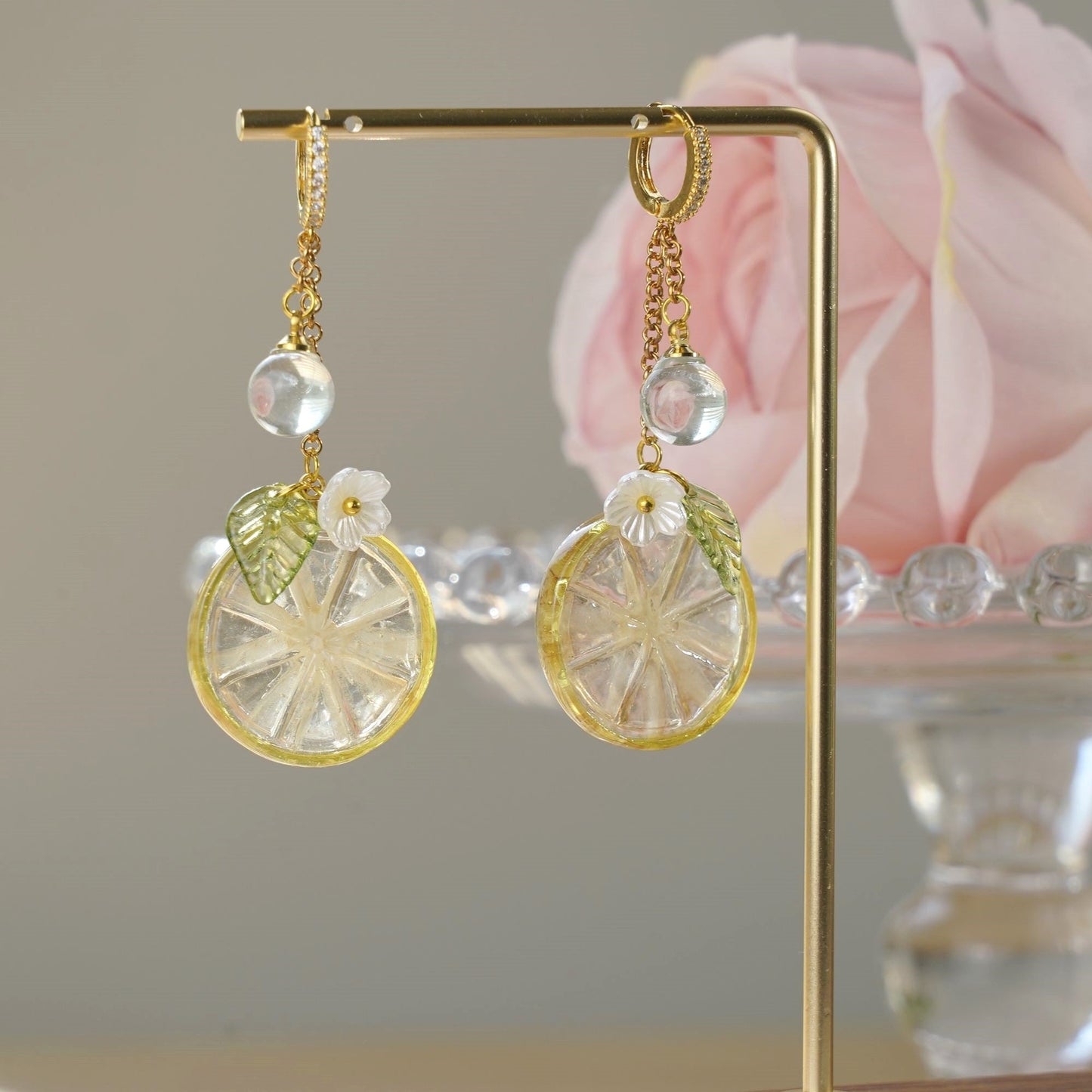 Lemon Kumquat Slice Citrus Resin Dangle Earrings Handmade 925 Silver