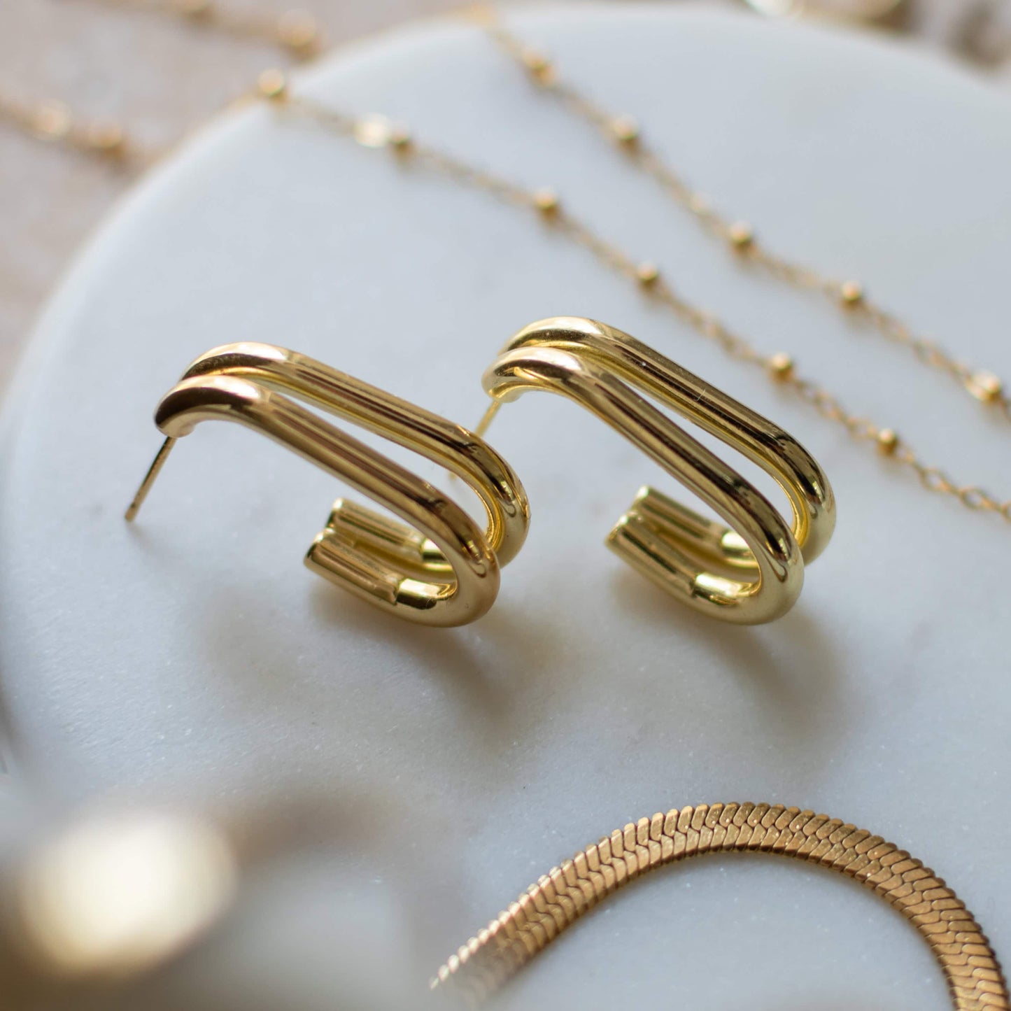 Double Hoop Rectangle Gold Earrings Eva by Sela Designs