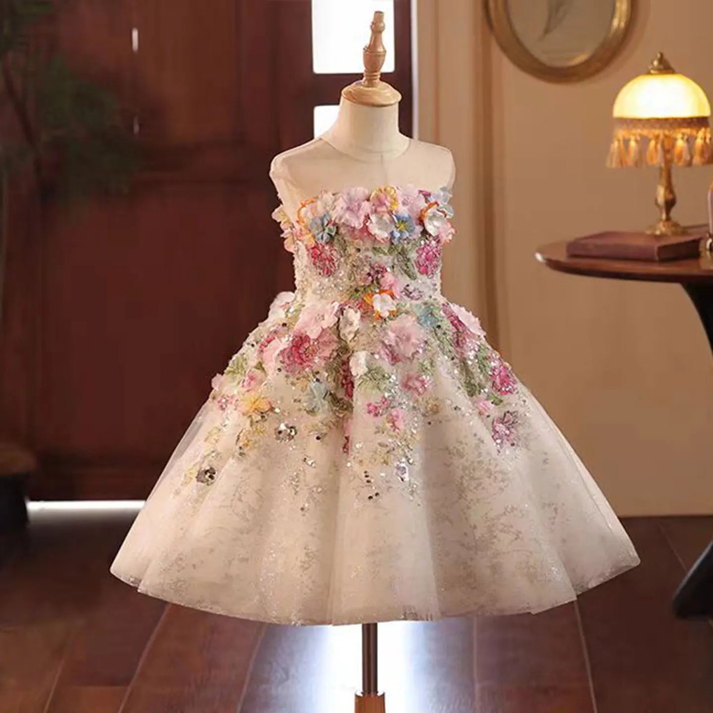 Jill Wish Floral Flower Girl Dress Lace Flowers Sleeveless Princess Toddler Kids Wedding 1st Birthday Pageant Party Gown J404A