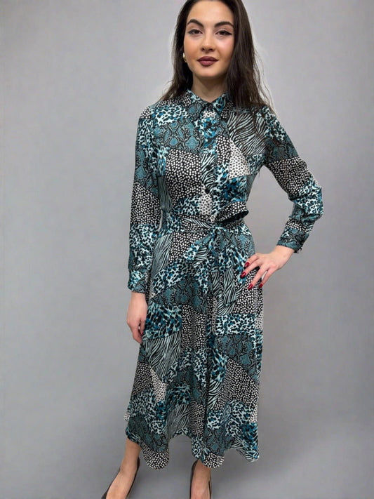 Midi A-Line Dress with Front Buttons and Side Zipper