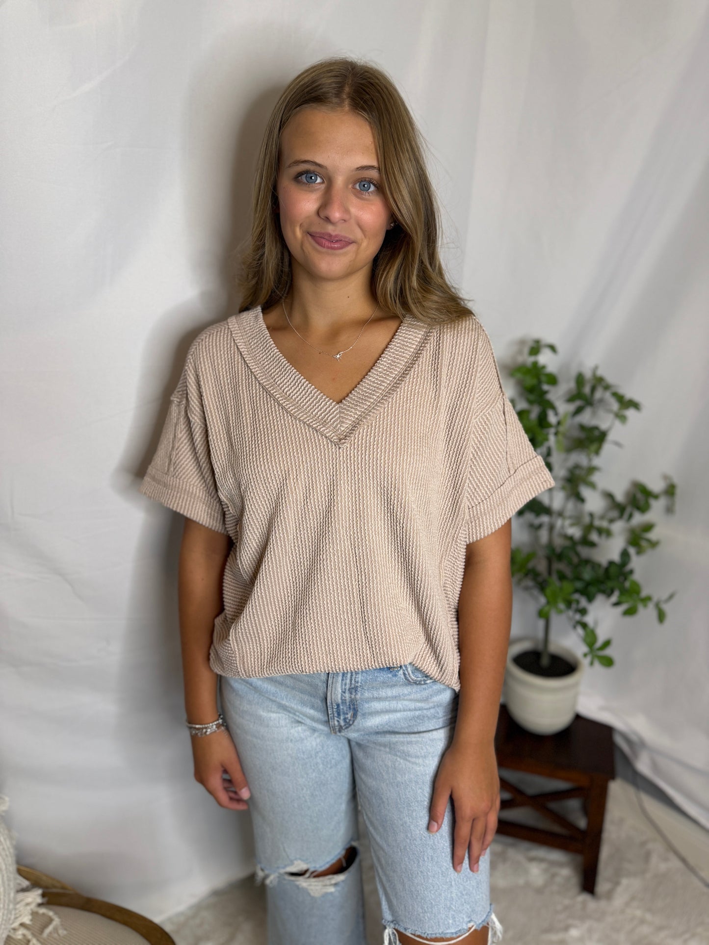 Two Tone Ribbed Knit Top Casual Comfy Short Sleeve