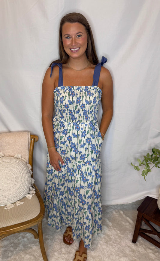 Blue Floral Smocked Maxi Dress with Adjustable Straps