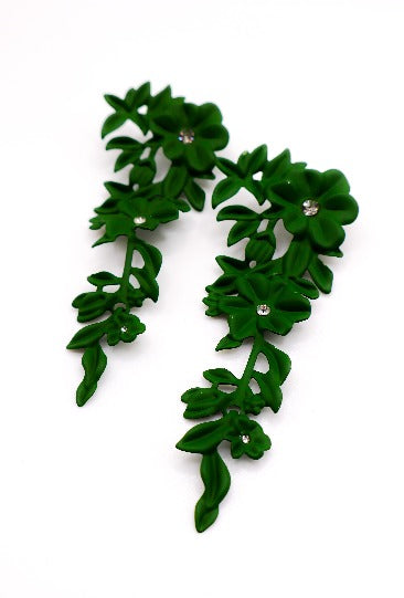 Green Floral Elegant Statement Earrings Blooming Glamour