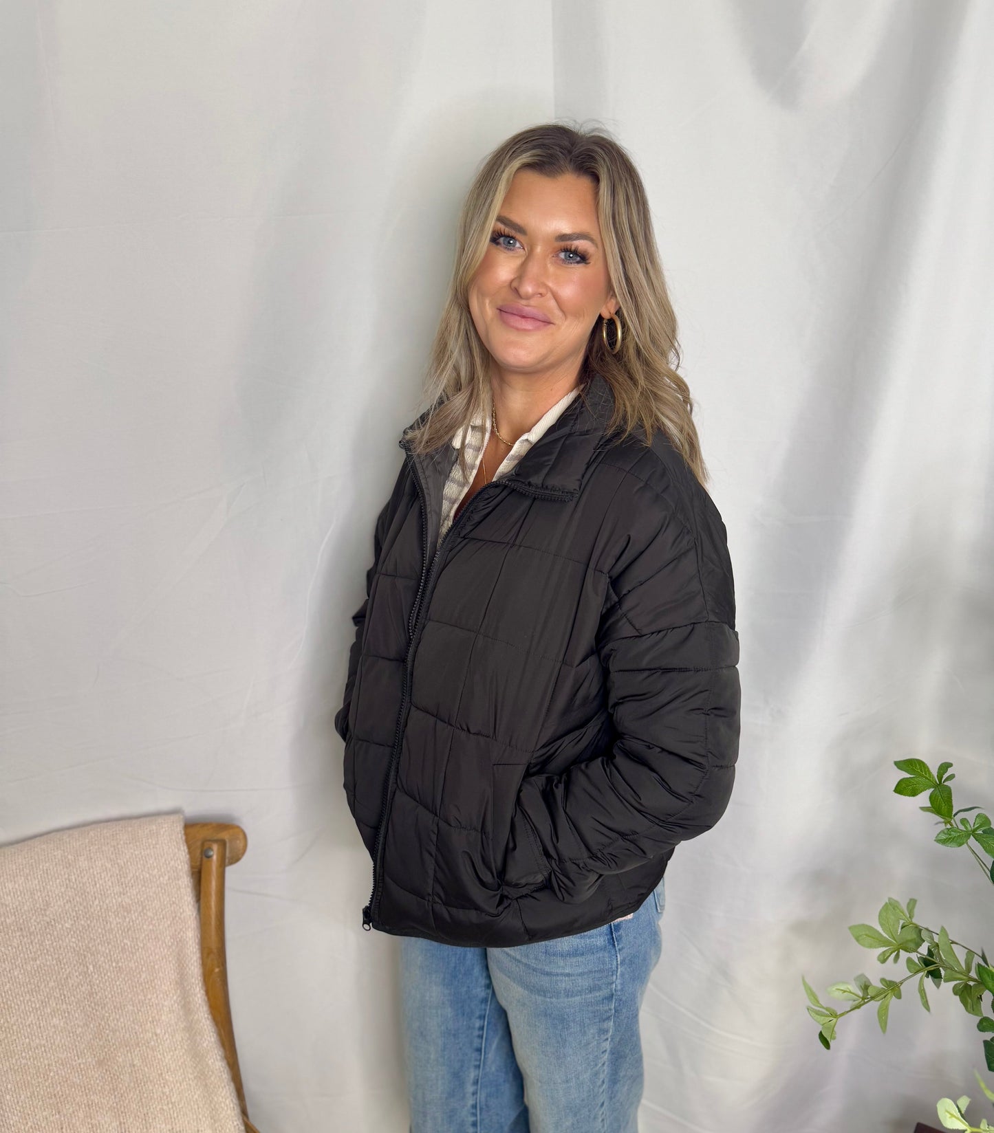Solid Puffer Padded Warm Jacket High Neck Zip Up Side Pockets