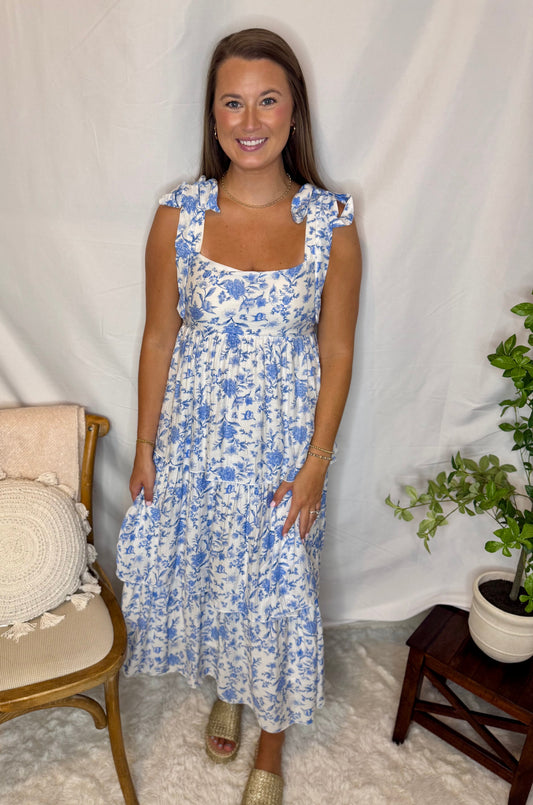 Ruffle Tier Blue Floral Midi Dress with Sleeveless Tie Strap