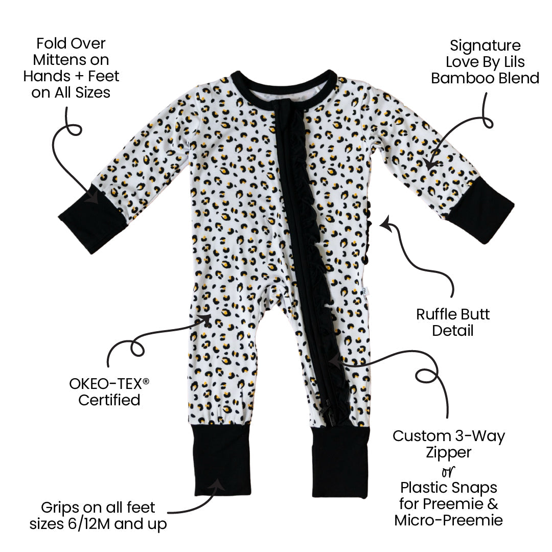 Leopard Bamboo Ruffle Convertible Footie Baby One-Piece Laree + Co.