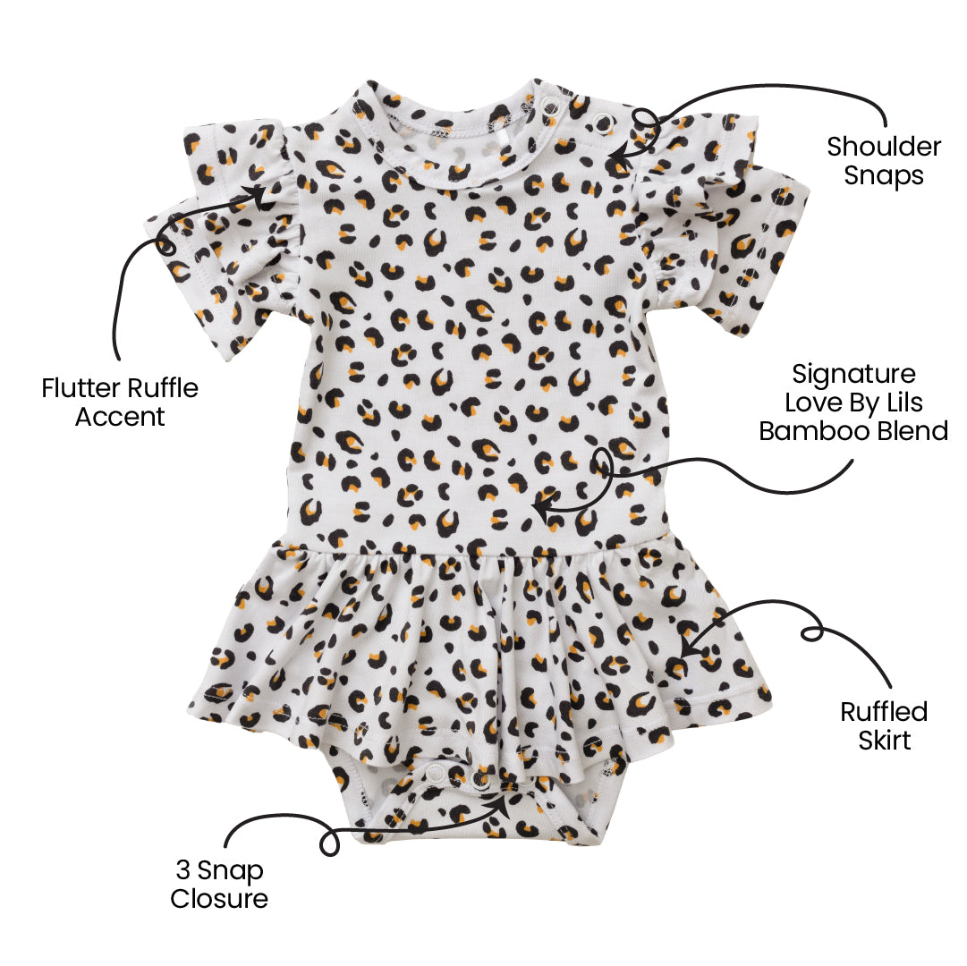 Allie Leopard Skirted Bodysuit Bamboo Ruffled Sleeve