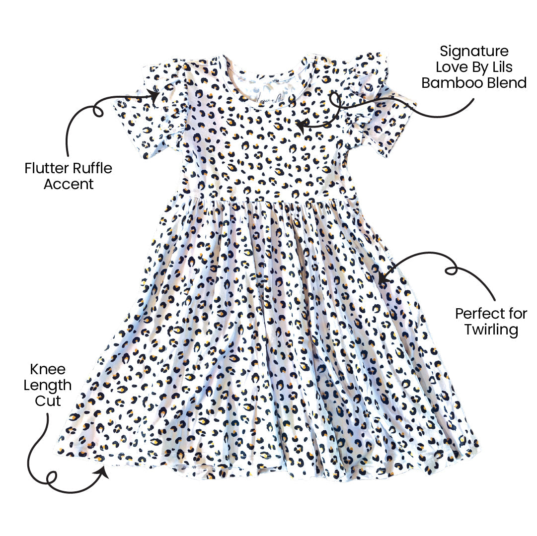 Leopard Bamboo Ruffle Spin Dress Knee-length Short Sleeve Laree + Co.
