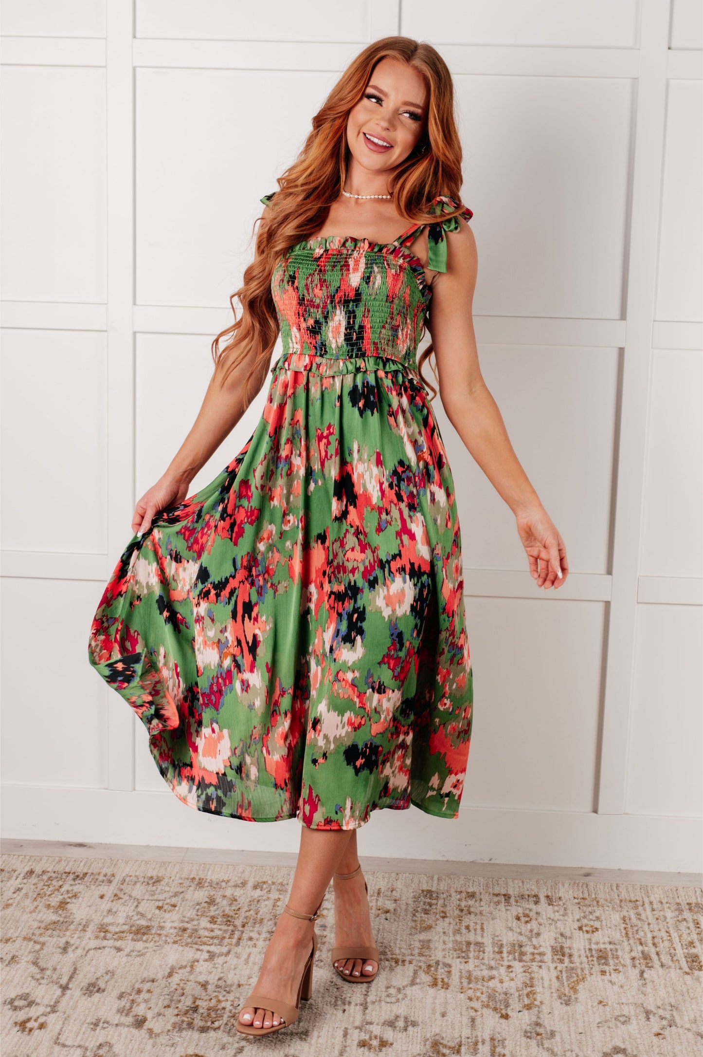 Green Smocked Bodice Midi Dress A Little While Longer Dress