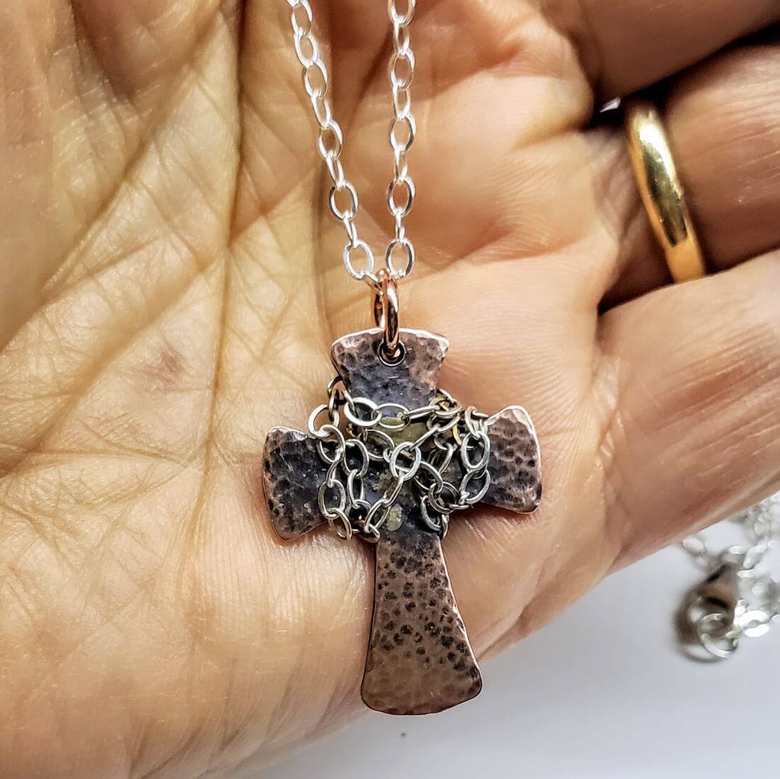 Chained Hammered Copper Cross Necklace Unisex Alexa Martha Designs