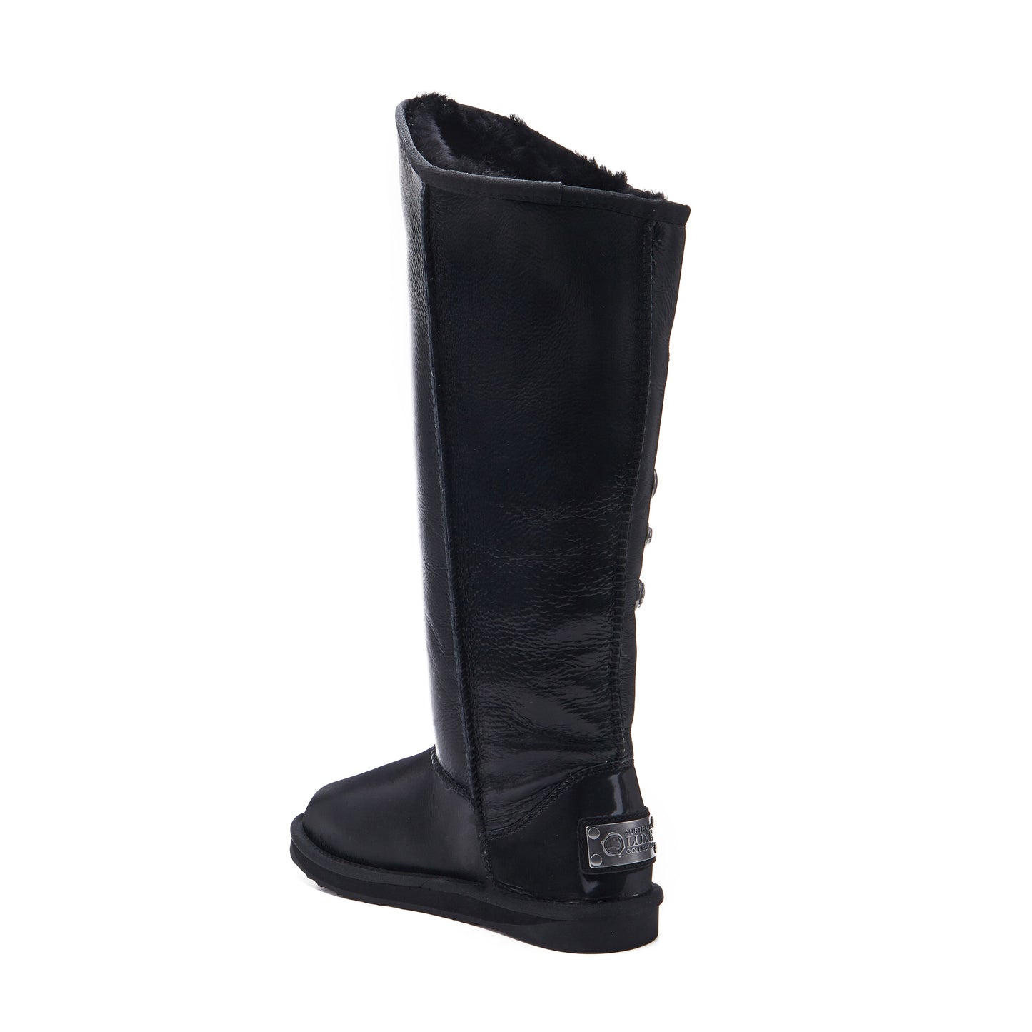 Satin Black Knee Height Sheepskin Fur Lined Boot ANGEL