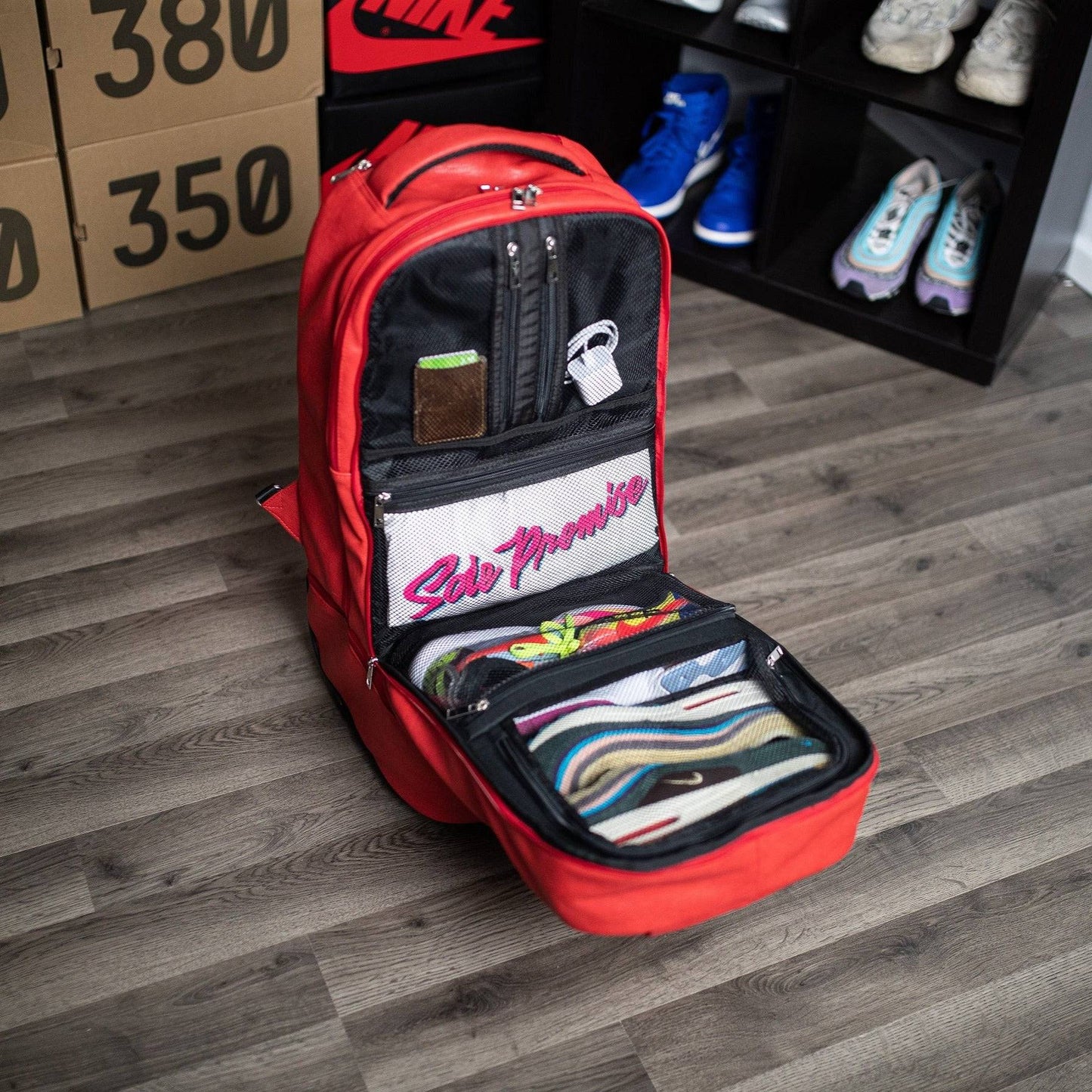 Red Leather TSA Carry-On Roller Bag Sole Premise