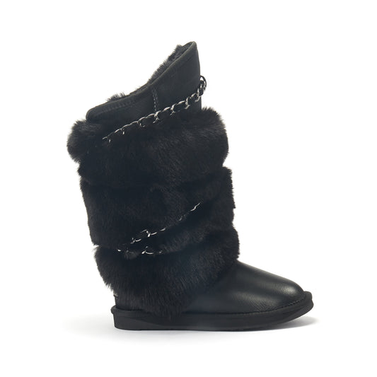 Tall Satin Black Sheepskin Lined Boot ATILLA
