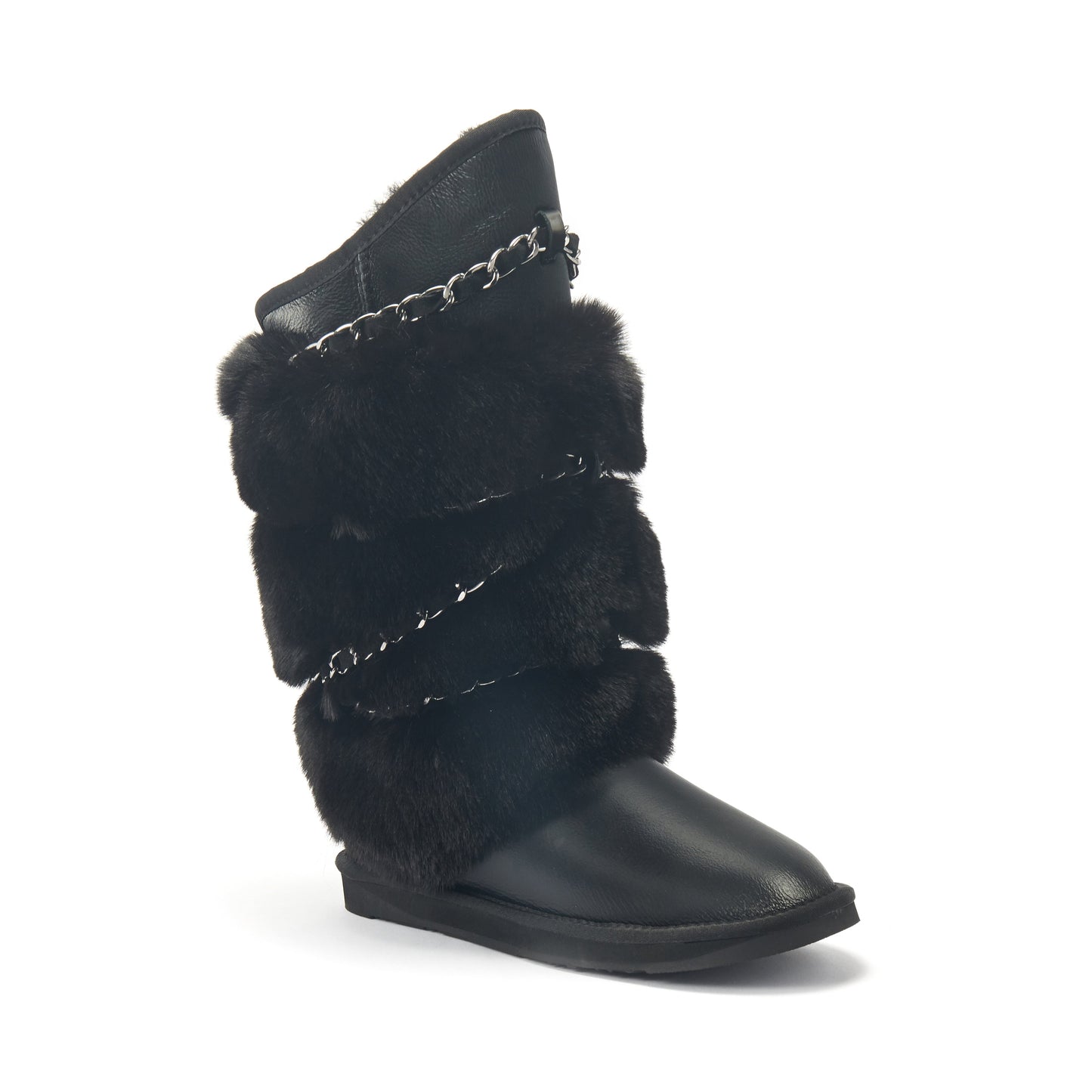 Tall Satin Black Sheepskin Lined Boot ATILLA
