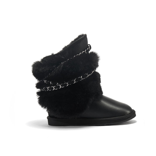 Black Satin Sheepskin Lined Short Boot ATILLA