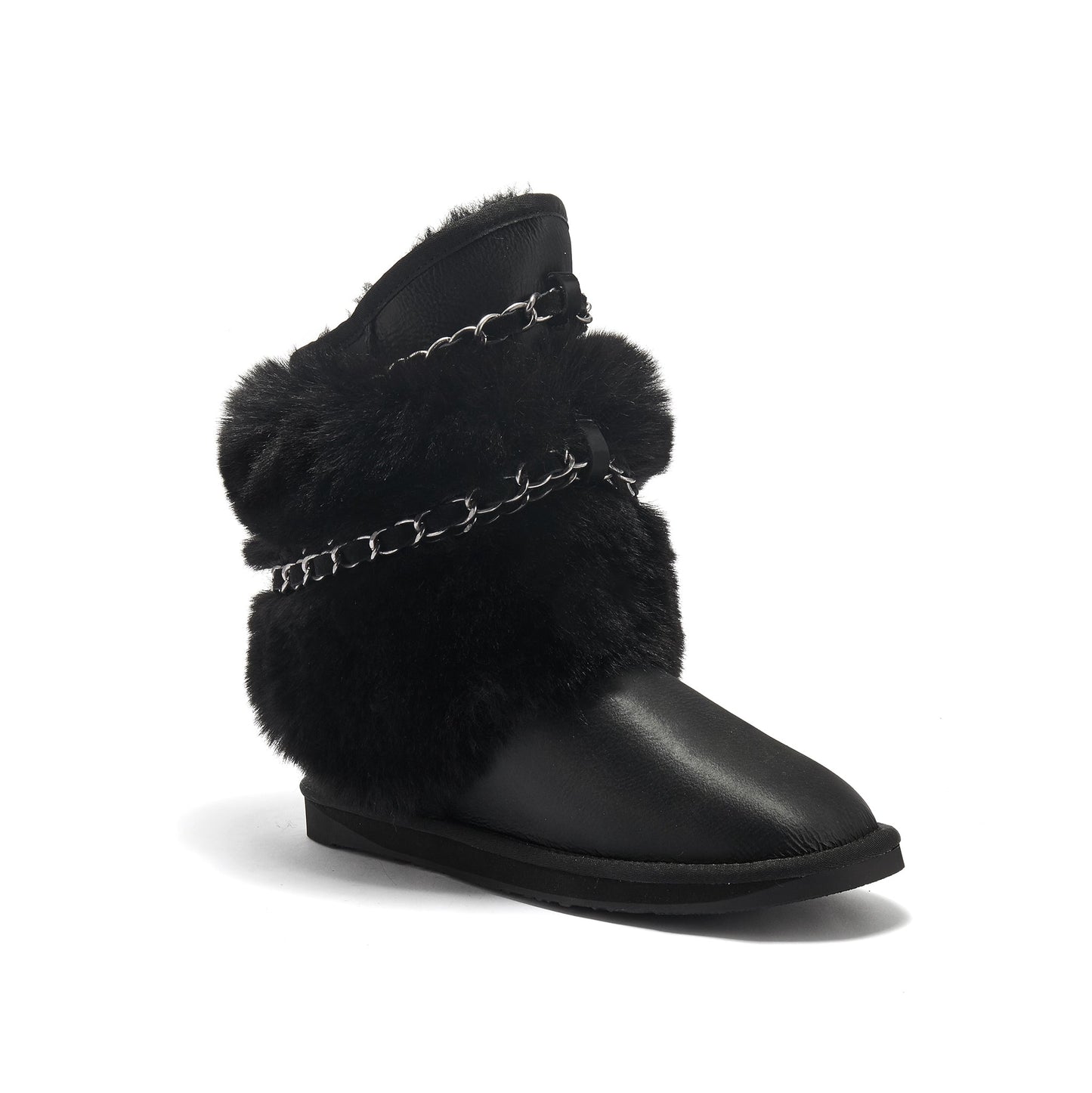Black Satin Sheepskin Lined Short Boot ATILLA
