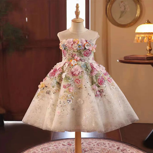 Jill Wish Floral Flower Girl Dress Lace Flowers Sleeveless Princess Toddler Kids Wedding 1st Birthday Pageant Party Gown J404A