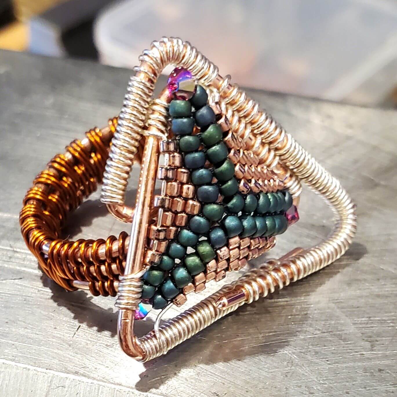 Abstract Asymmetric Triangle Copper Silver Beaded Ring