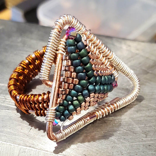 Abstract Asymmetric Triangle Copper Silver Beaded Ring
