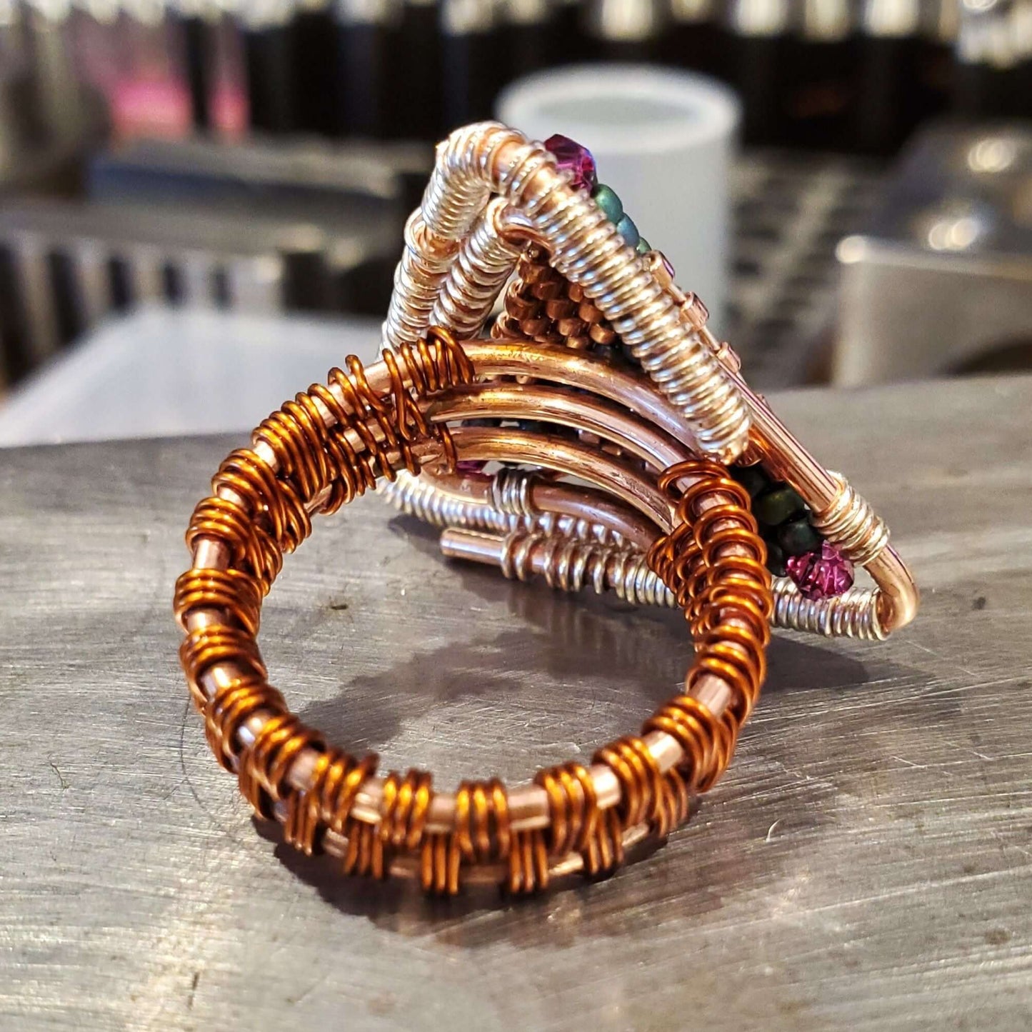 Abstract Asymmetric Triangle Copper Silver Beaded Ring